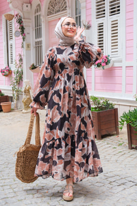 Desenli Şifon Elbise Siyah