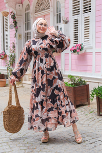 Desenli Şifon Elbise Siyah