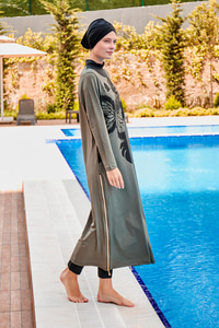 Desenli Tam Kapalı Tesettür Mayo Haki Yeşil