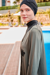 Desenli Tam Kapalı Tesettür Mayo Haki Yeşil