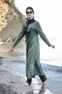 Desenli Tam Kapalı Tesettür Mayo Haki Yeşil