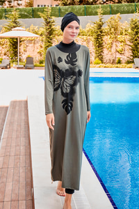 Desenli Tam Kapalı Tesettür Mayo Haki Yeşil