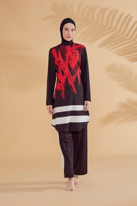 Desenli Tam Kapalı Tesettür Mayo Siyah