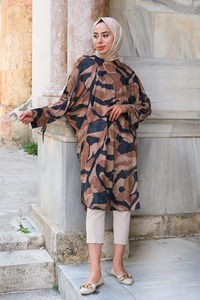 Desenli Yarasa Kol Tunik Kahverengi