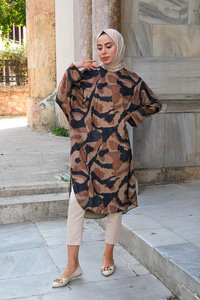 Desenli Yarasa Kol Tunik Kahverengi