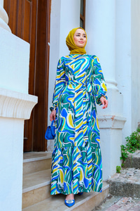 Dijital Desenli Bel Bağlamalı Elbise MAVI