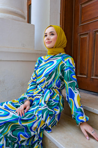 Dijital Desenli Bel Bağlamalı Elbise MAVI