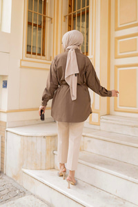 Dik Pile Detay Kuşaklı Gömlek Kahverengi