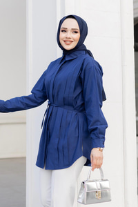 Dik Pile Detay Kuşaklı Gömlek Lacivert