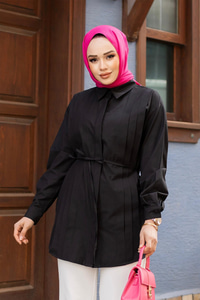 Dik Pile Detay Kuşaklı Gömlek Siyah