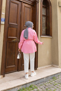 Dik Pile Detay Kuşaklı Tunik Pembe