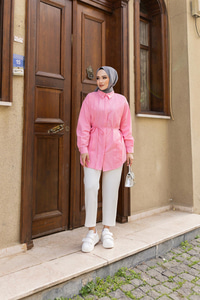Dik Pile Detay Kuşaklı Tunik Pembe