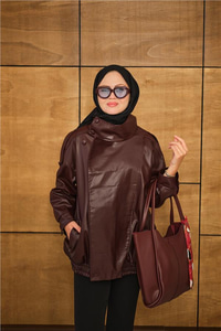 Dik Yaka Deri Ceket Bordo