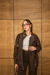 Dik Yaka Deri Ceket Kahverengi