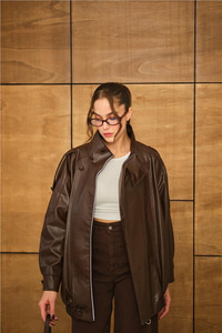 Dik Yaka Deri Ceket Kahverengi