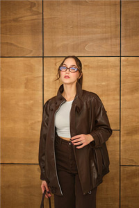 Dik Yaka Deri Ceket Kahverengi