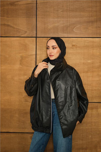Dik Yaka Deri Ceket Siyah