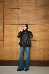 Dik Yaka Deri Ceket Siyah