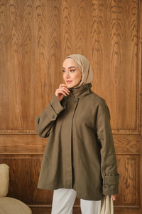 Dik Yaka Gabardin Ceket Haki Yeşil