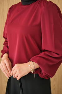 Dik Yakalı Ve Balon kol Bluz Bordo