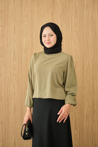 Dik Yakalı Ve Balon kol Bluz Yeşil