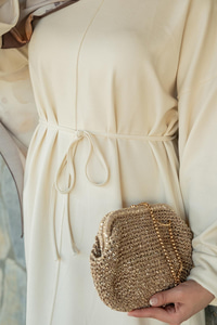 Dikiş Detay Bağlamalı Elbise Ekru