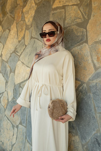 Dikiş Detay Bağlamalı Elbise Ekru