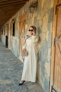 Dikiş Detay Bağlamalı Elbise Ekru