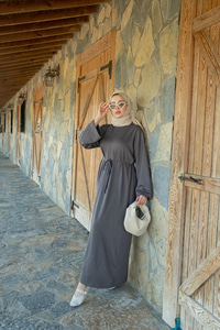 Dikiş Detay Bağlamalı Elbise Gri