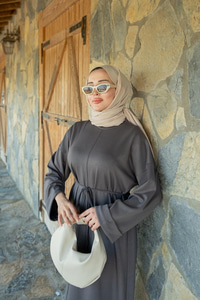 Dikiş Detay Bağlamalı Elbise Gri