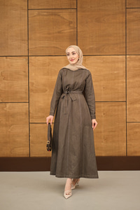 Dikiş Detay Bel Bağlamalı İnce Kot Elbise Kahverengi