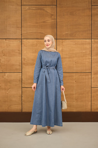 Dikiş Detay Bel Bağlamalı İnce Kot Elbise Buz Mavi