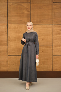 Dikiş Detay Bel Bağlamalı İnce Kot Elbise Antrasit