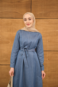 Dikiş Detay Bel Bağlamalı İnce Kot Elbise Buz Mavi