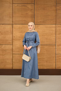 Dikiş Detay Bel Bağlamalı İnce Kot Elbise Buz Mavi