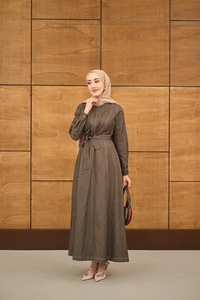 Dikiş Detay Bel Bağlamalı İnce Kot Elbise Kahverengi