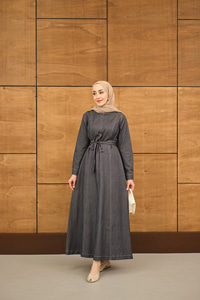 Dikiş Detay Bel Bağlamalı İnce Kot Elbise Antrasit