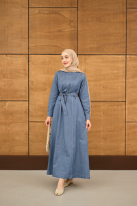 Dikiş Detay Bel Bağlamalı İnce Kot Elbise Buz Mavi