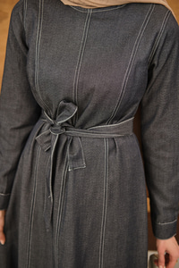 Dikiş Detay Bel Bağlamalı İnce Kot Elbise Antrasit