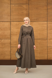 Dikiş Detay Bel Bağlamalı İnce Kot Elbise Kahverengi