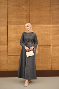 Dikiş Detay Bel Bağlamalı İnce Kot Elbise Antrasit