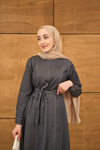 Dikiş Detay Bel Bağlamalı İnce Kot Elbise Antrasit