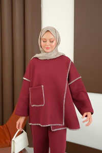 Dikiş Detay Cepli Takım Bordo