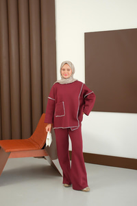 Dikiş Detay Cepli Takım Bordo