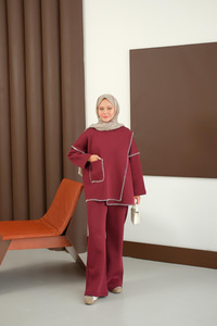 Dikiş Detay Cepli Takım Bordo