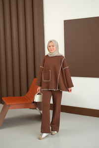 Dikiş Detay Cepli Takım Kahverengi