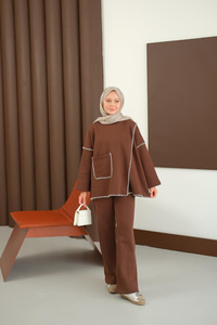 Dikiş Detay Cepli Takım Kahverengi