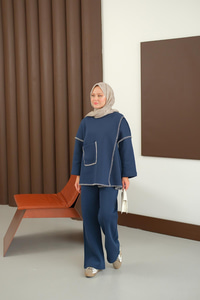 Dikiş Detay Cepli Takım Lacivert