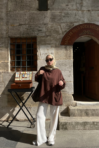 Dikiş Detay Çıtçıtlı Tunik Kahverengi