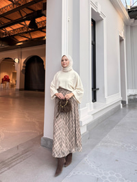 Dikiş Detay Etnik Desen Beli Lastikli Şifon Etek Vizon